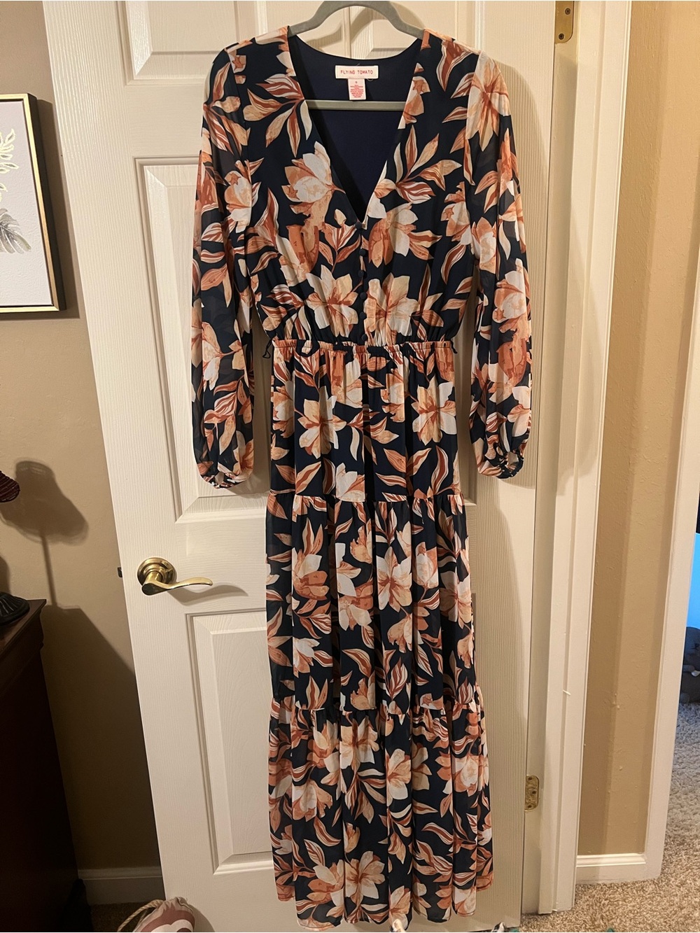 NWOT Flying Tomato Flirty Factor Woven Floral Navy and Brown Maxi Dress Small